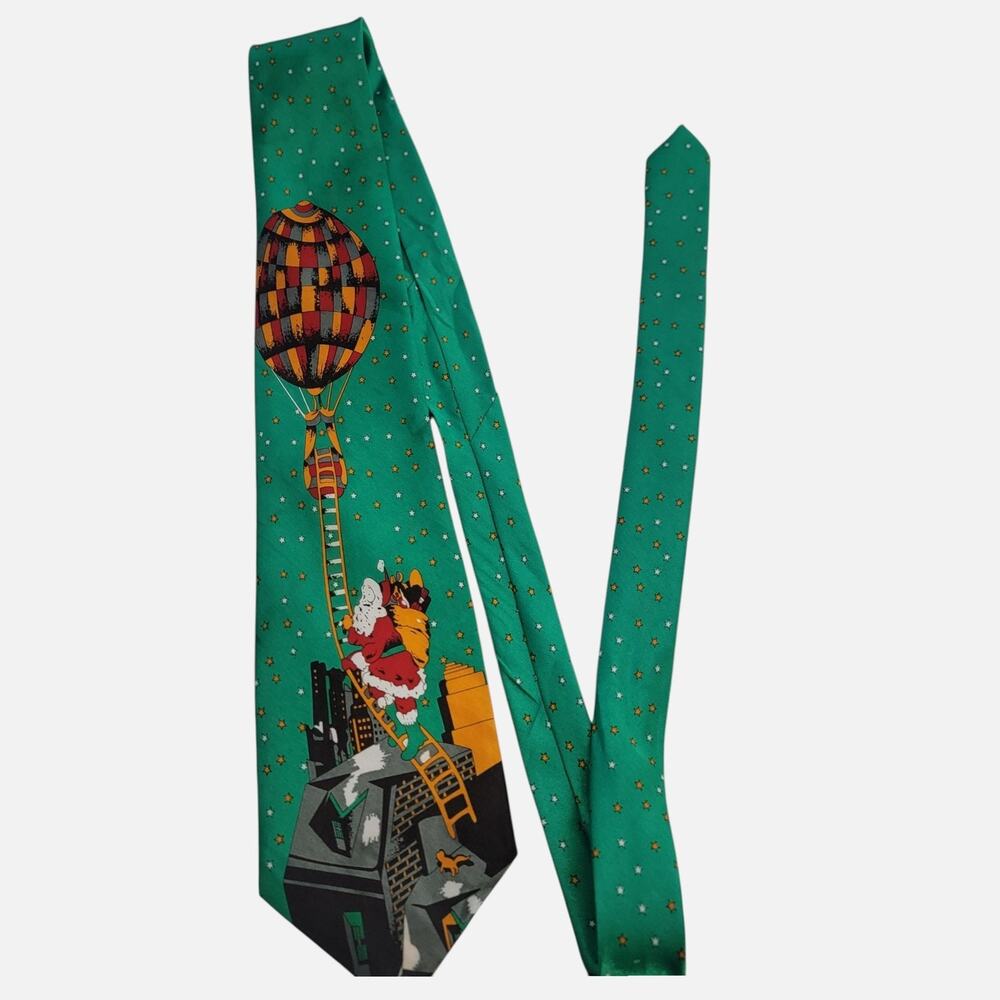Christmas Santa Tie Mens One Size Green Satin Novelty Geometric Necktie